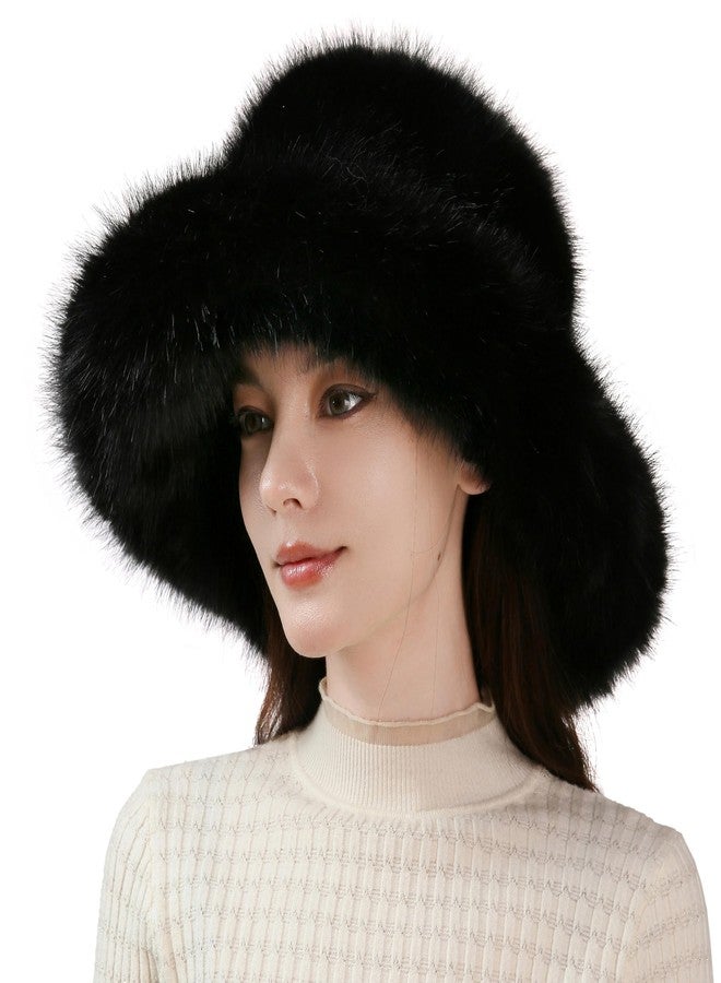 Dikoaina Luxury Faux Fur Bucket Hat for Women Girl - Oversized Brim, Super Soft & Fluffy Winter Hat, Cozy Fur-Like Beanie (US, Alpha, One Size, Black) - Image 1